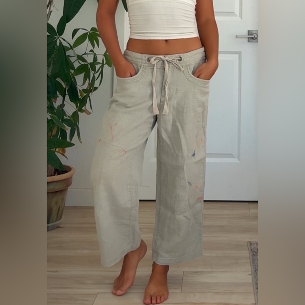 Beige Wide-Leg natural linen Drawstring Pants
